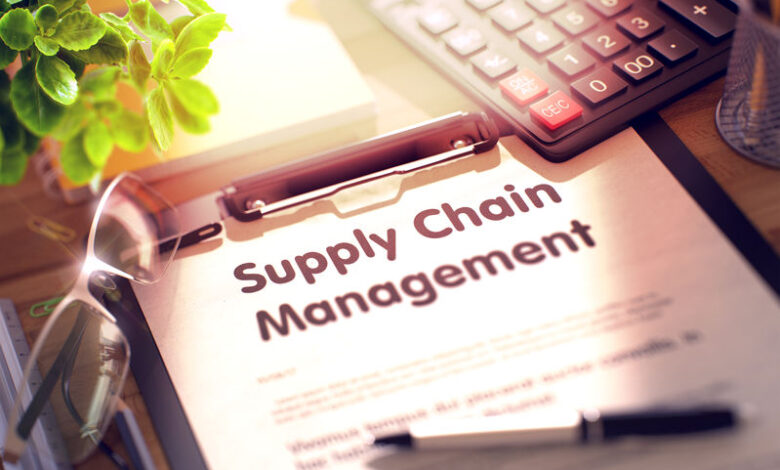 Supply Chain Management - Text on Clipboard. 3D.